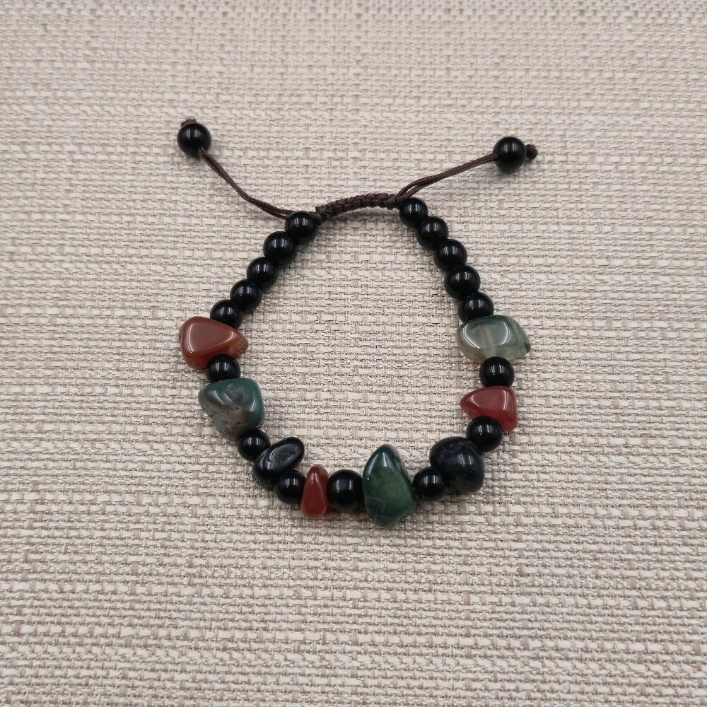 7 Inch Obsidian Jasper Moss Agate Adjustable Bracelet B1119